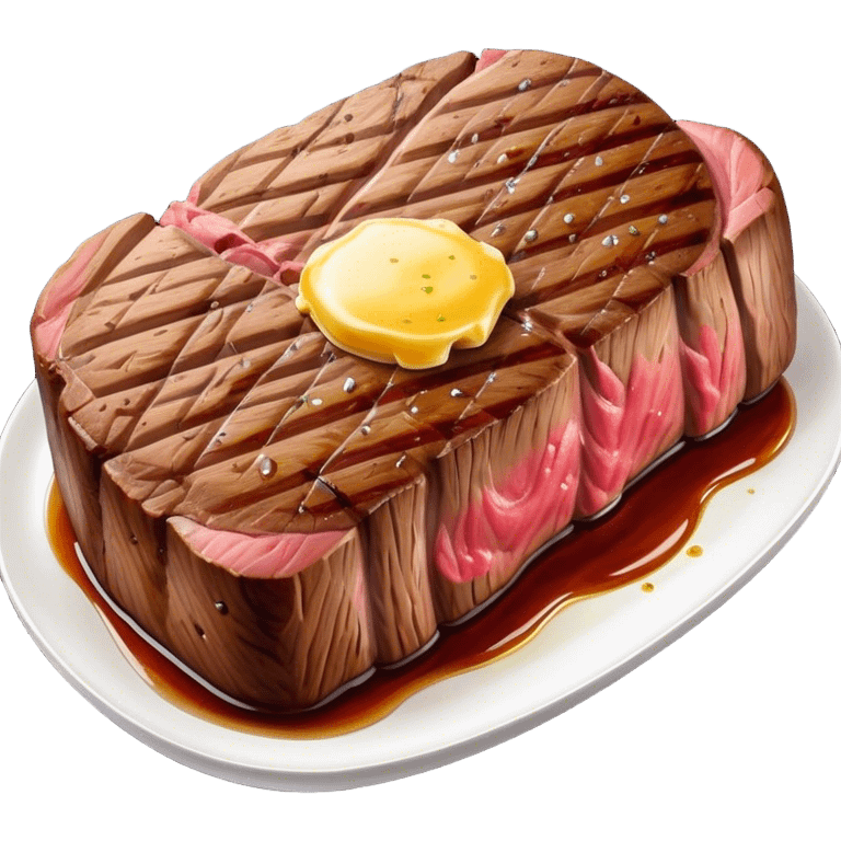 Cinematic thick-cut steak, perfectly seared with grill marks, a juicy pink center, butter melting on top, rich and savory, warm glow, sizzling and mouthwatering, highly detailed and appetizing. emoji