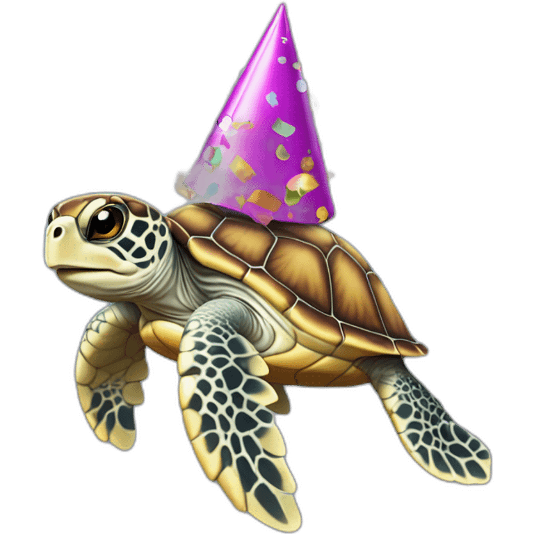 Sea turtle wearing party hat with confetti falling around it emoji