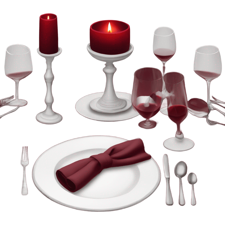 Romantic table dinner with burgundy tablecloth, white plates and wine cups emoji