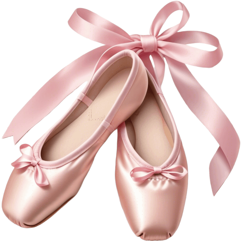 Cinematic Realistic Ballet Shoes, soft satin pink pointe shoes with delicate ribbons, resting gently on a polished wooden floor, subtle creases in the fabric, glowing under the warm golden light of a rehearsal studio, evoking elegance and grace. emoji