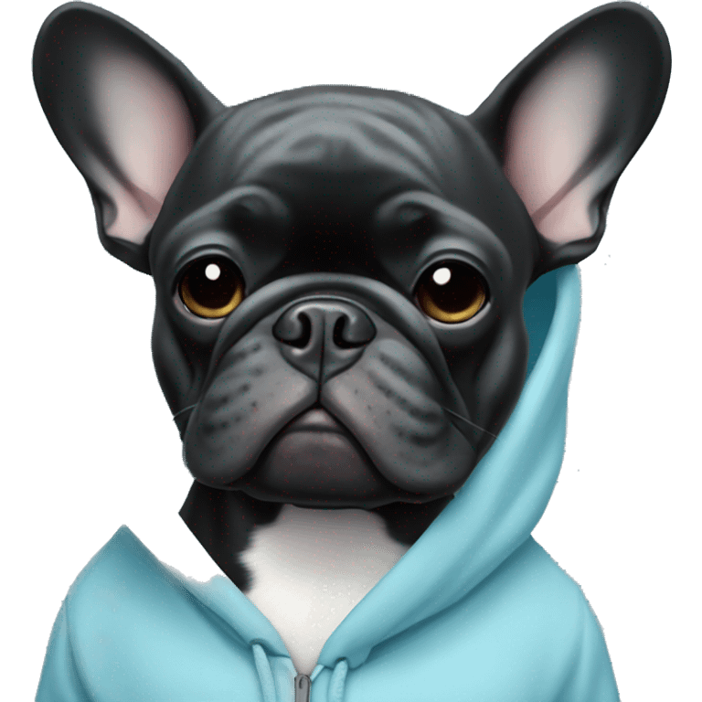 Black French bulldog in a  light blue hoodie  emoji