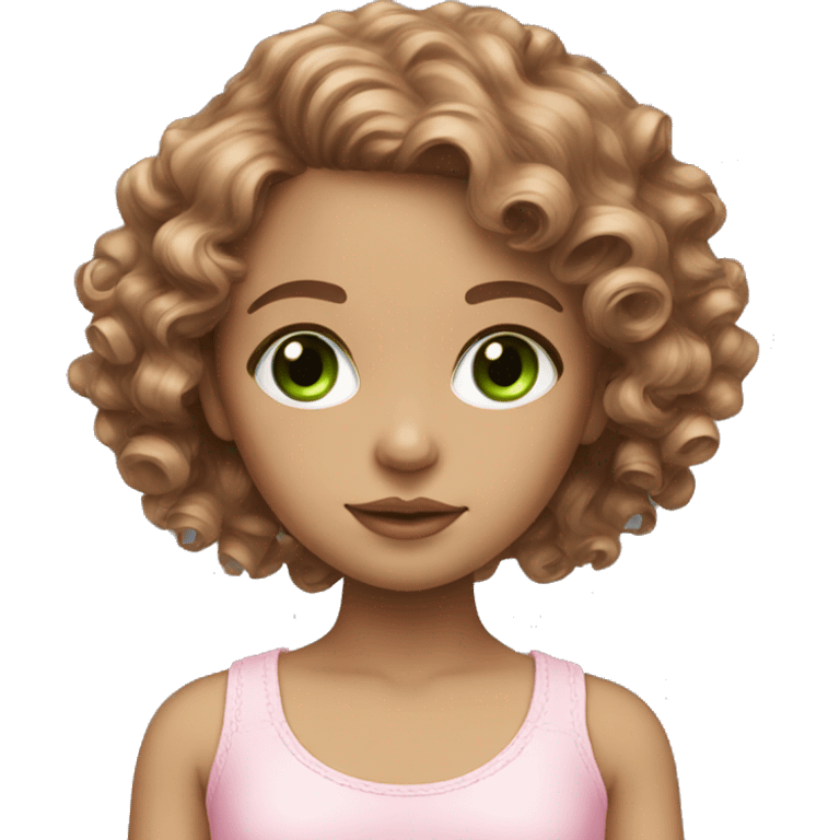 Green doll eyes, brown hair wavy curly, feminine, pink, girl, angelic emoji