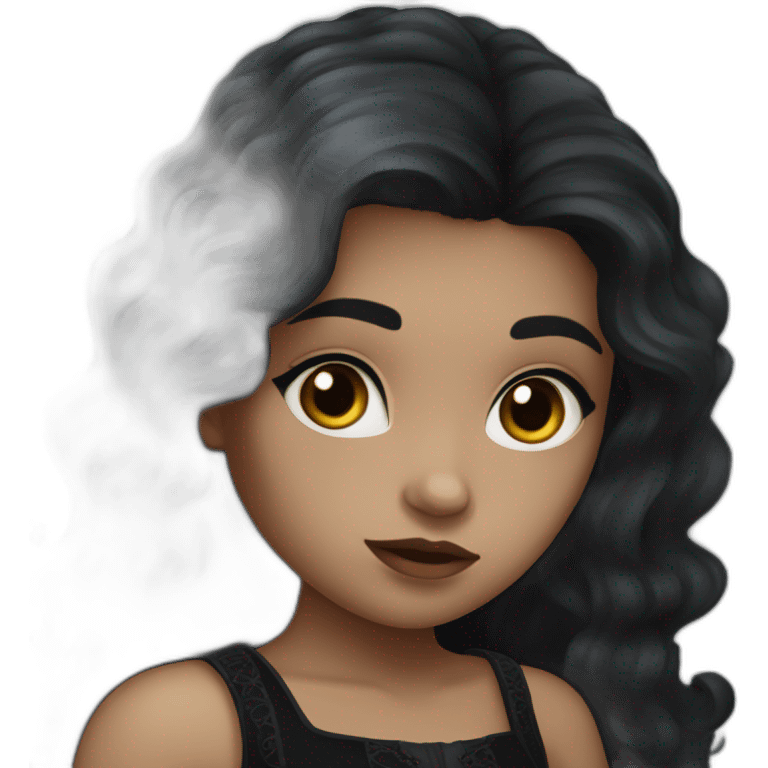 girl with dark brown wavy long hair, freckles and dark eyes, wearing a black gothic dress. emoji