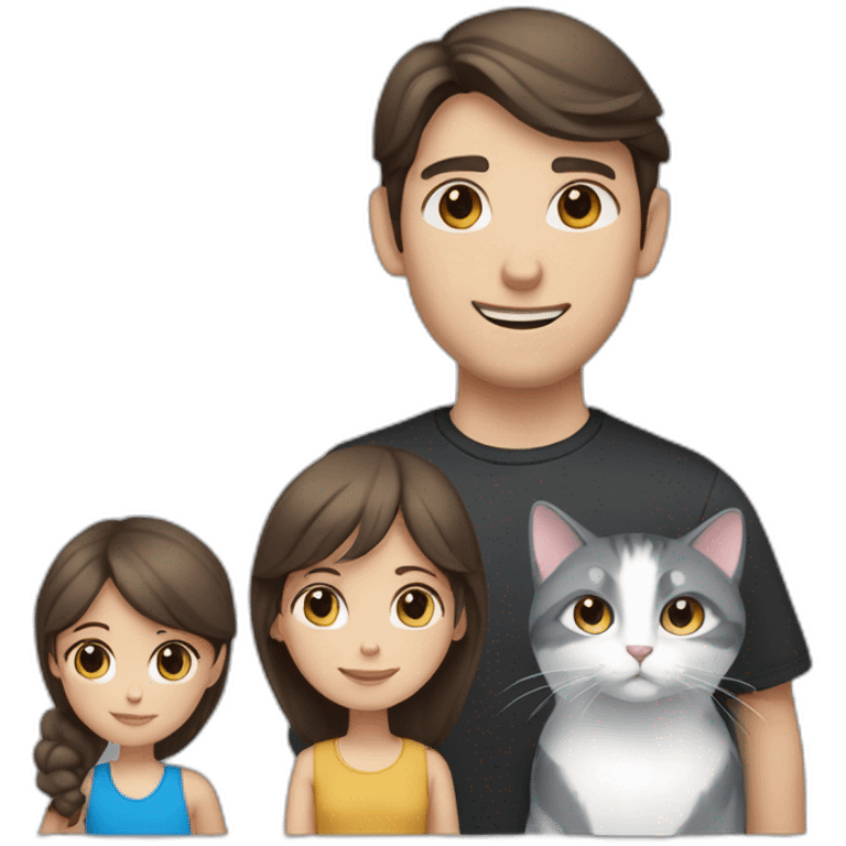 a family of a white man with dark hair and brown eyes, a girl with light brown hair and blue eyes, two gray and black-and-white cats emoji