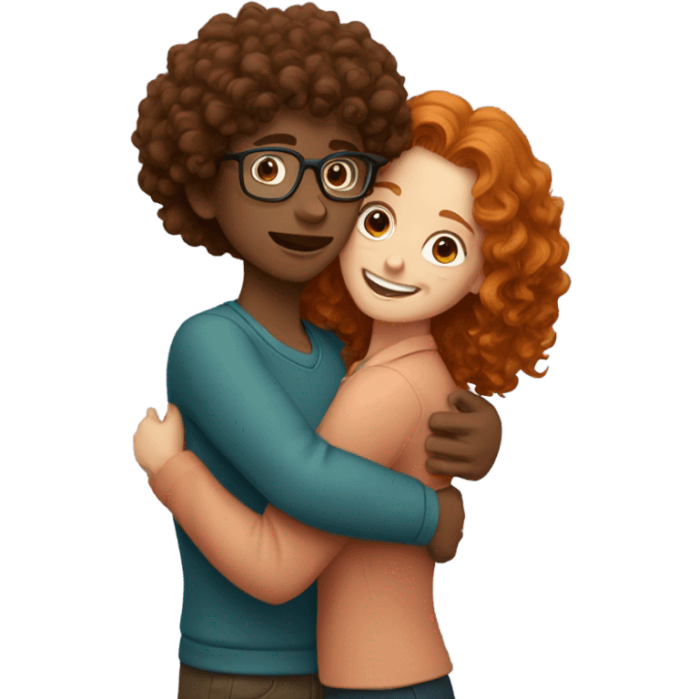 A boy with glasses and dark curly hair hugging a ginger girl emoji