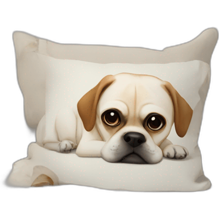 White puggle with brown ears laying on pillow emoji