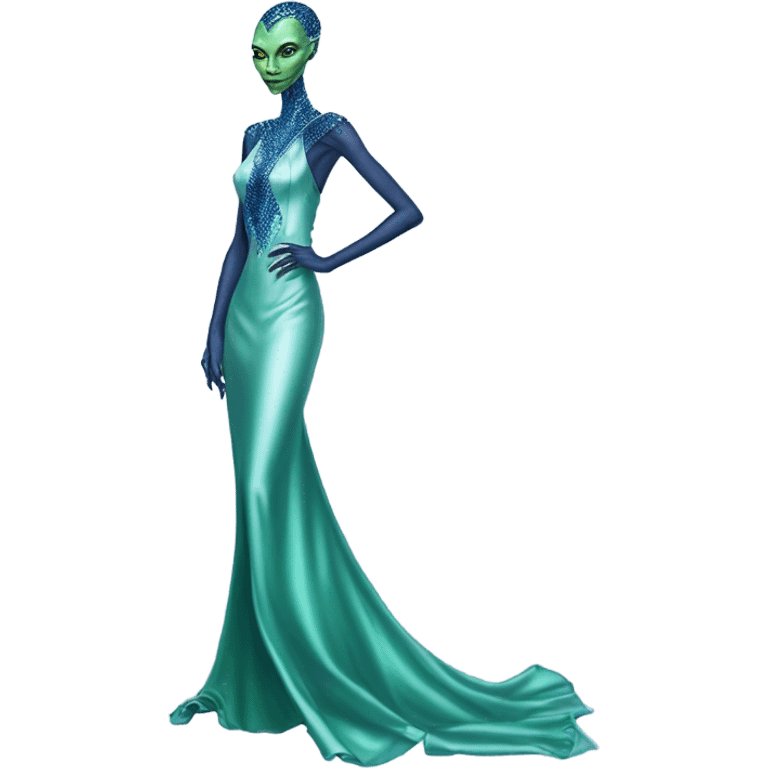 reptilian green alien woman, in long slim pastel blue formal party satin dress with gradient shiny sparkling navy blue diamonds embroidered, full body full figure emoji