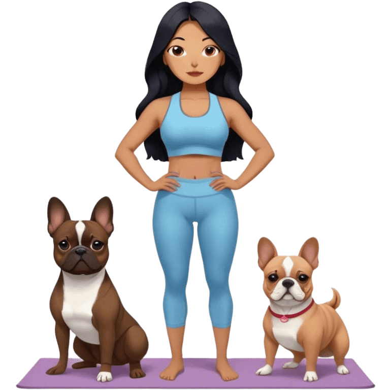 latin woman in a yoga outfit with long black hair standing alongside two French bulldogs  emoji