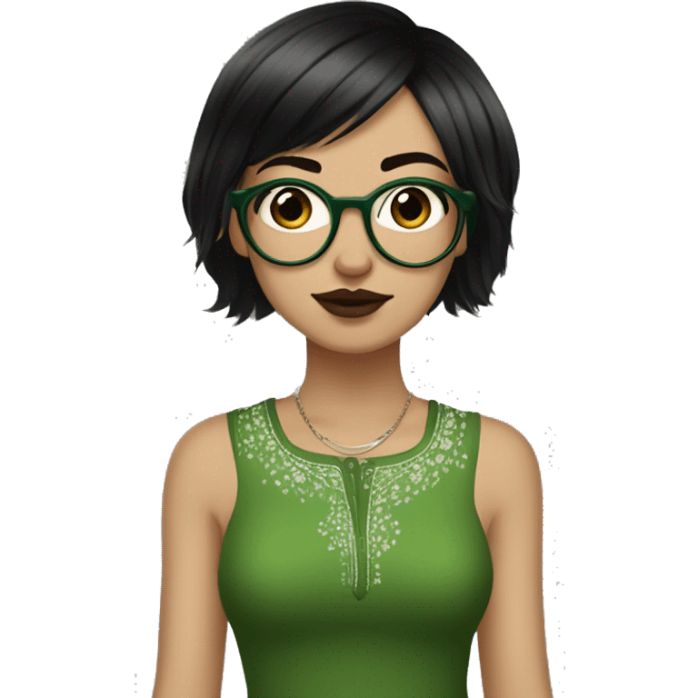 White skinny girl in a green kurta with flower design, glasses, alot of piercing, gay, red lips, nose ring, full body, short straight black edgar hair, black straight hair, front bangs emoji