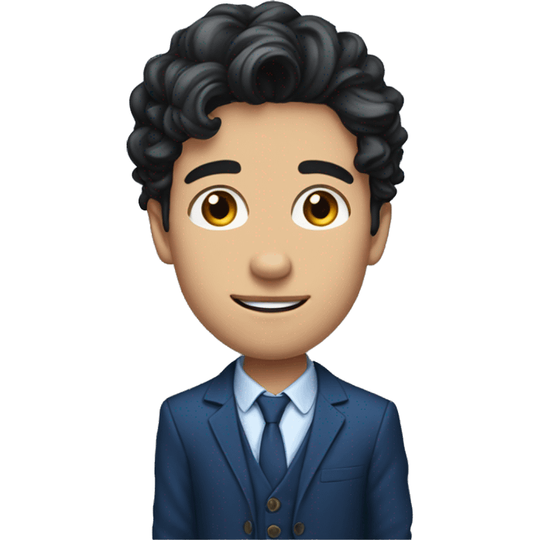 26 year old male portrait, small yes, black wavy hair, blue suits, emoji