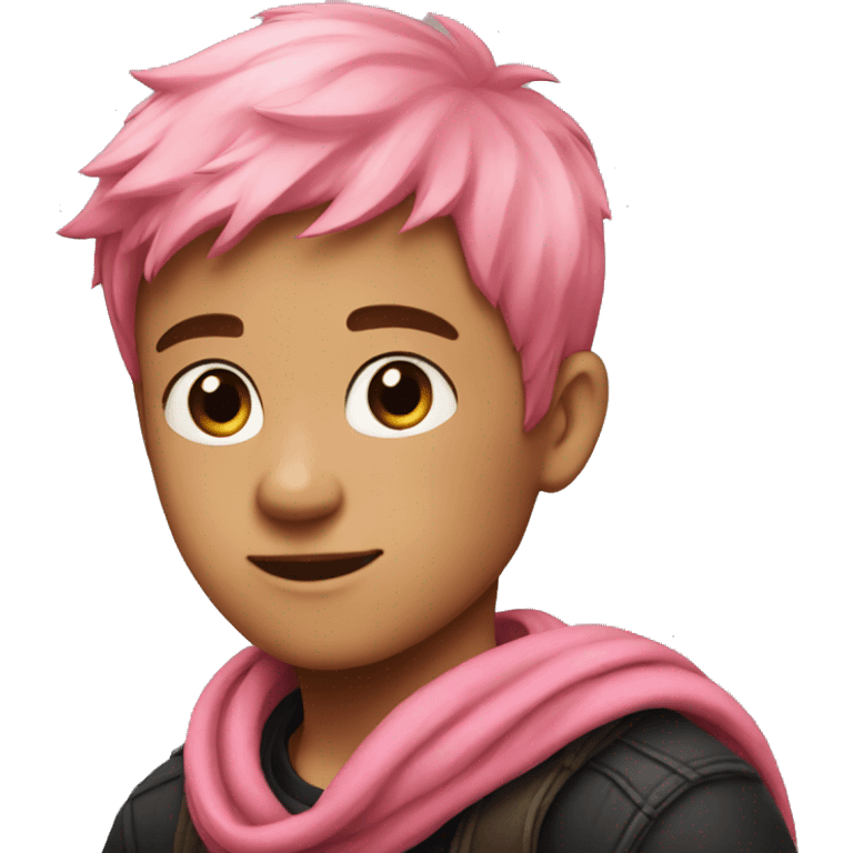 A boy with short pink hair and he it's using a red scarf and a black sueter emoji