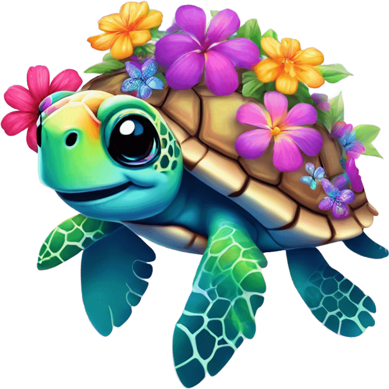 Lisa Frank, rainbow sea turtle with flowers on shell  emoji