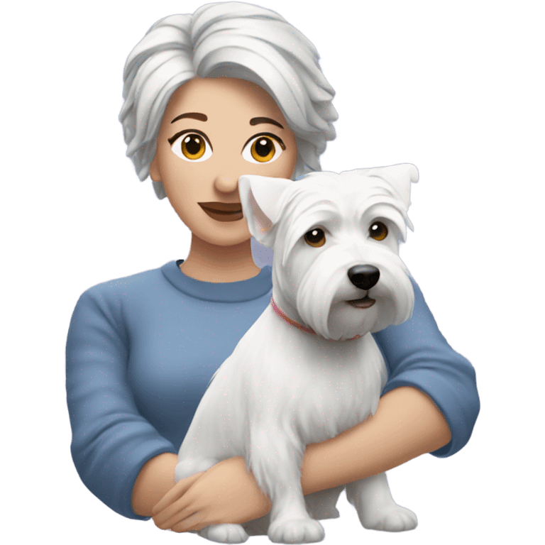 Gray short hair lady with three westie with bed hair emoji