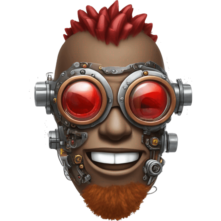 Brown cyborg head with red Mohawk, red beard, silver steampunk monocle goggles a smile and circuits emoji