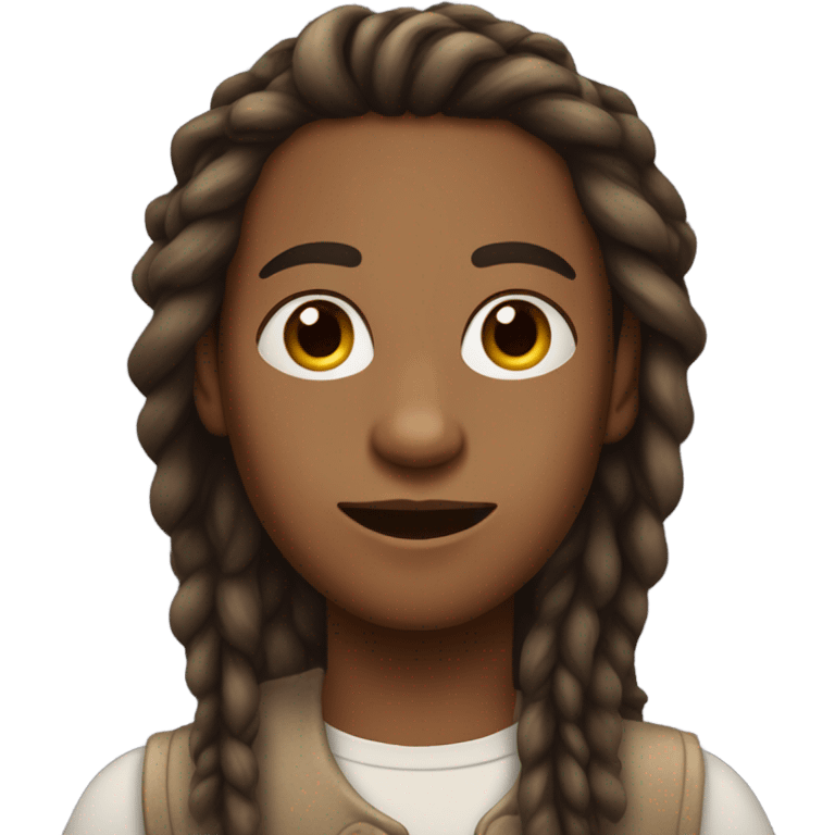 Androgynous brown boy with long dreadlocs in a side part being flirty emoji