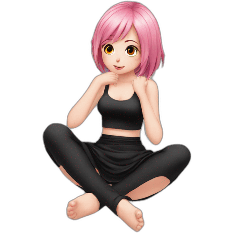 Full body Front view curvy emo girl pink hair sits on the floor straight view hands up black skirt полосатые рваные чулки emoji