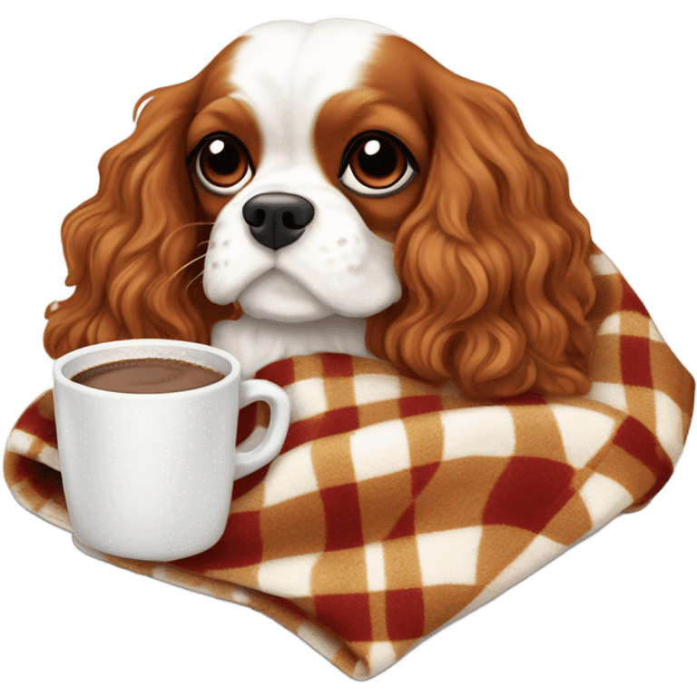 cavalier with blanket and hot chocolate with marshmellows emoji