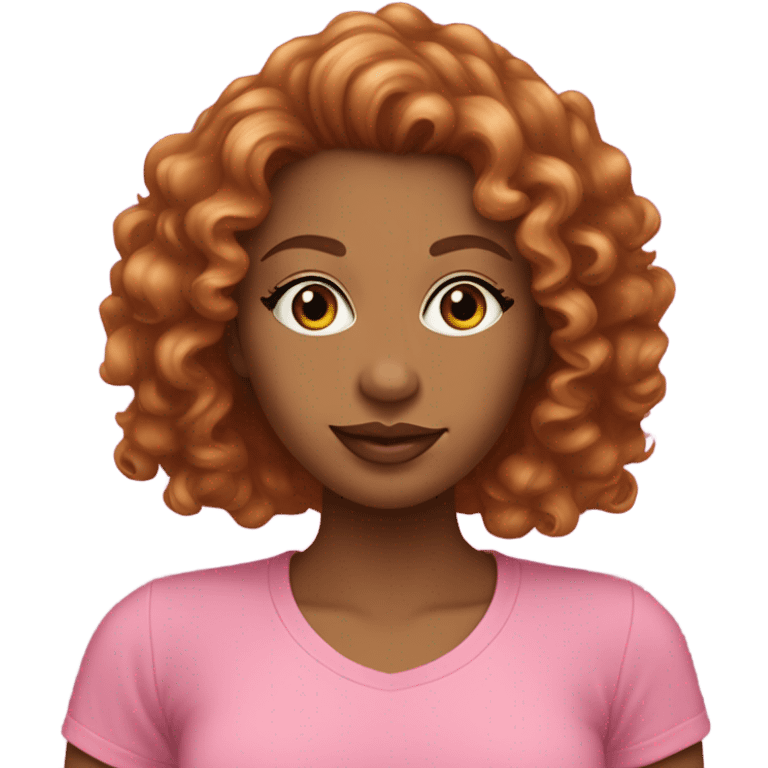 Light brown woman with pink lipstick, eyelashes, small eyes, auburn long curly hair, wearing pink t-shirt with green trim emoji