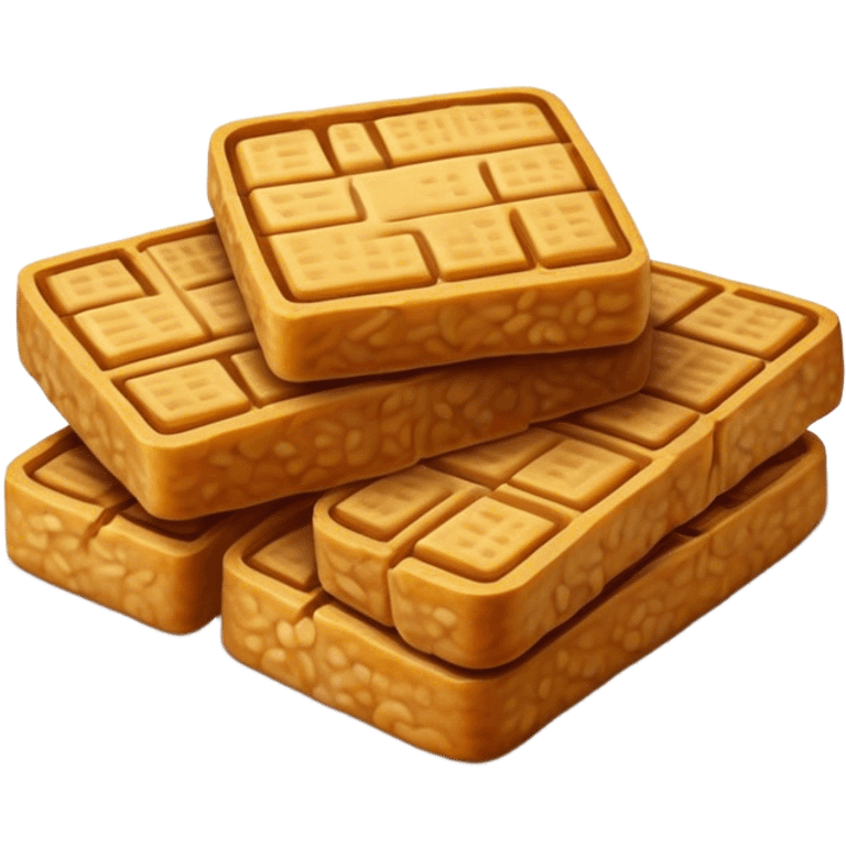 Tempeh Cinematic Realistic Tempeh Dish Emoji, depicted as crispy, sliced portions of fermented soy cake with a golden-brown finish, rendered with detailed textures and warm, inviting lighting. emoji