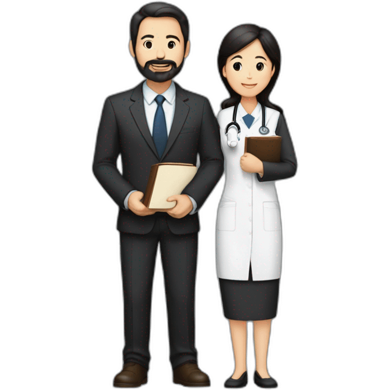 husband american age 50 dark brown hair trimmed beard wearing dark business suit holding bible together, wife asian age 50 black hair wearing nurse uniform, no children emoji