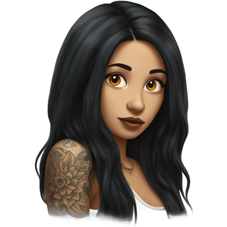 Hyperrealistic beautiful Latin girl with tattoos, with long black hair  emoji