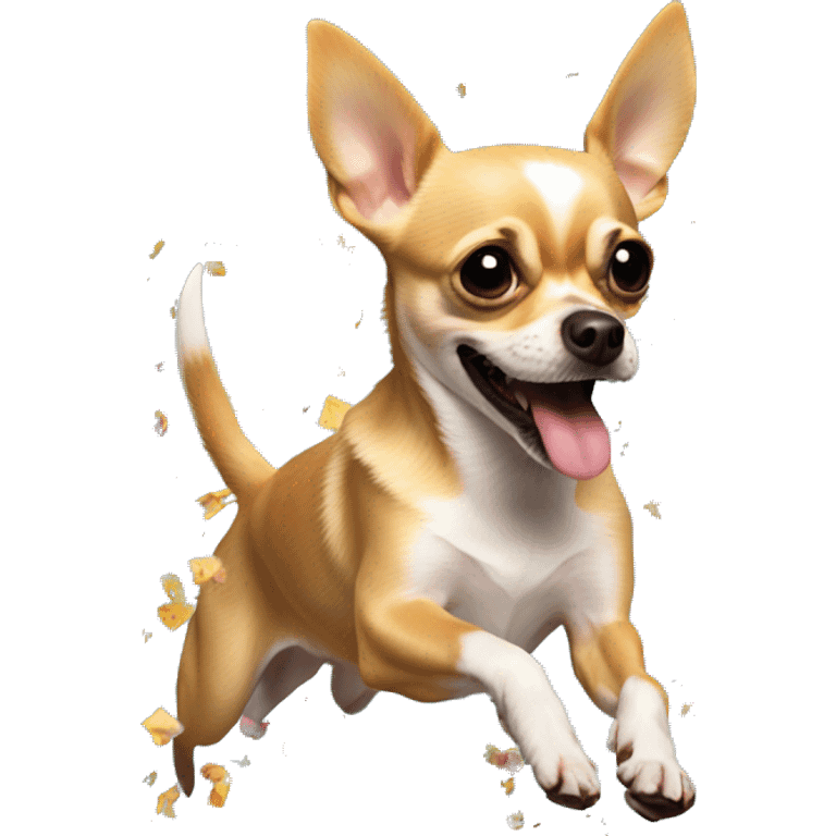 A chihuahua jumping and exploding into confetti. The Chihuahua should not be visible after exploding into confetti emoji