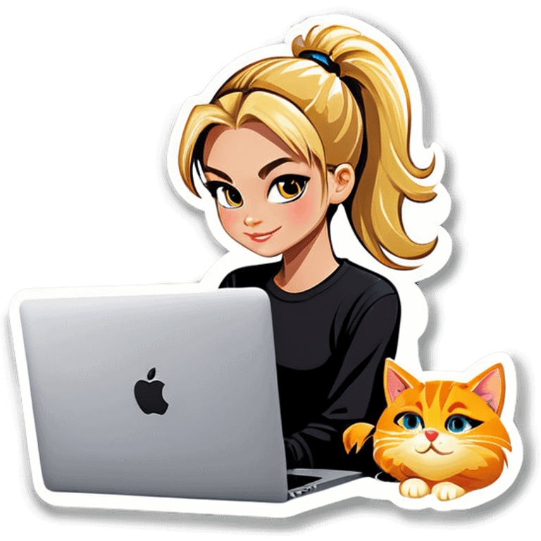 Blonde girl ponytail macBook and a cat emoji