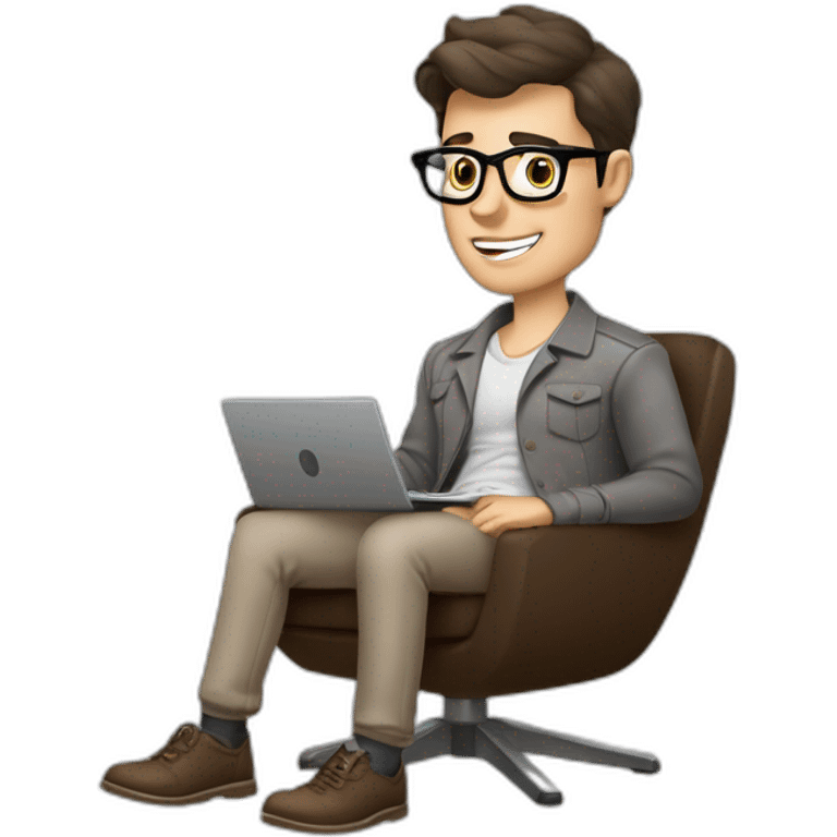 Pale skinned Fit Man With dark brown hair in gray jacket, beige office shirt, Brown pants and vintage glasses sitting In a soft chair with a notebook and a pen Popping his tongue emoji