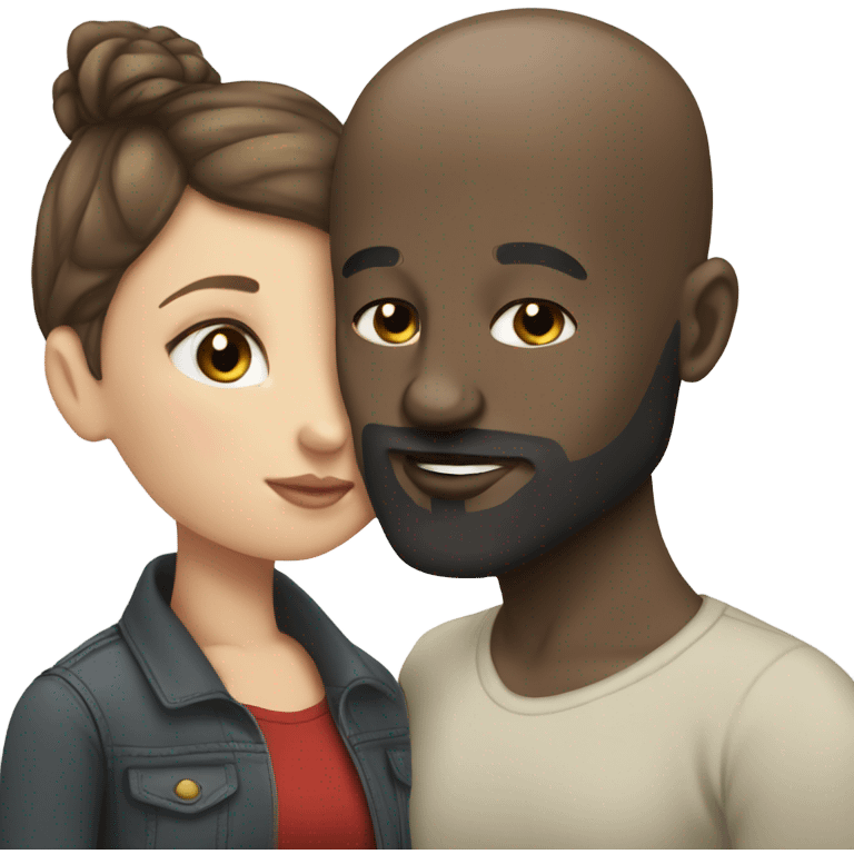 White girl brunette kissing black bald man with beard emoji