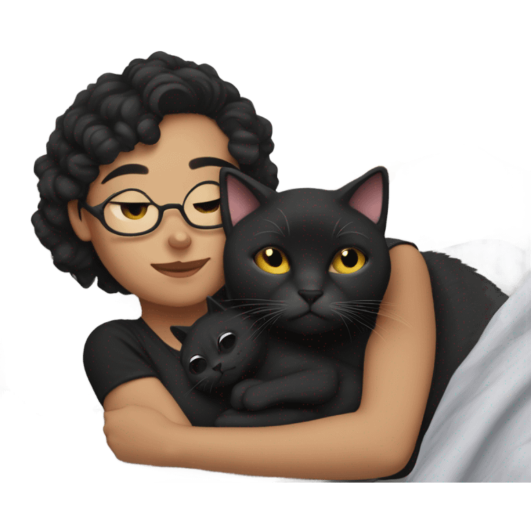 Pale white young woman with short dark curly hair with glasses cuddling, sleeping in bed with one black cat emoji