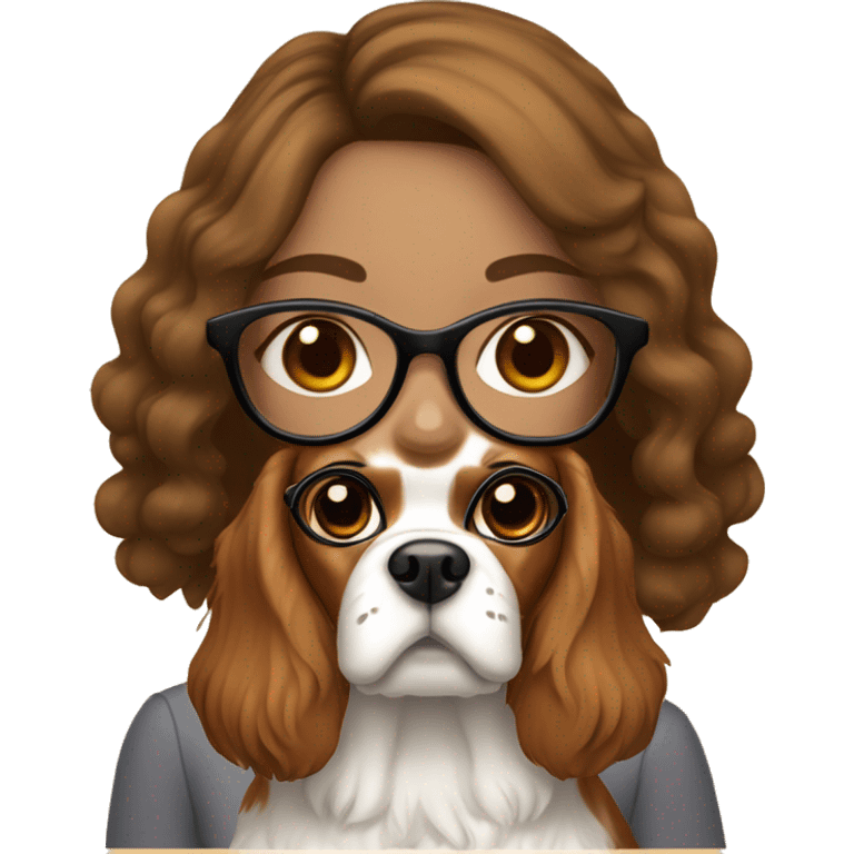 A brown haired white skin girl wearing glasses with a king charles spaniel dog emoji