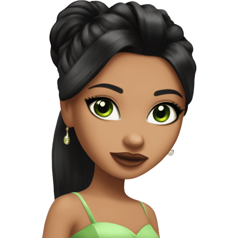 Bratz, club, cocktail dress, black hair, half up half down hair, olive skin, green almond cat eyes emoji