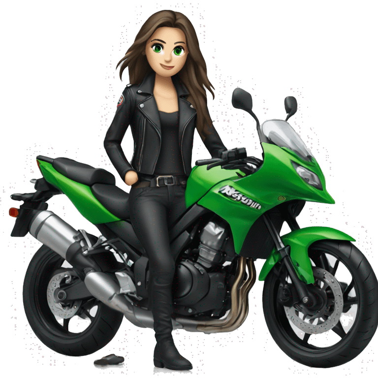 Brunette Girl with Green eyes, Long hair, wearing a black leather jacket is sitting next to a Kawasaki motorbike emoji