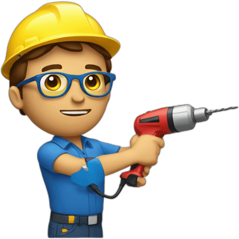 electrician brown hair yellow skin with blue shirt head with a power button on it. with golden glasses with a red drill in his hand emoji