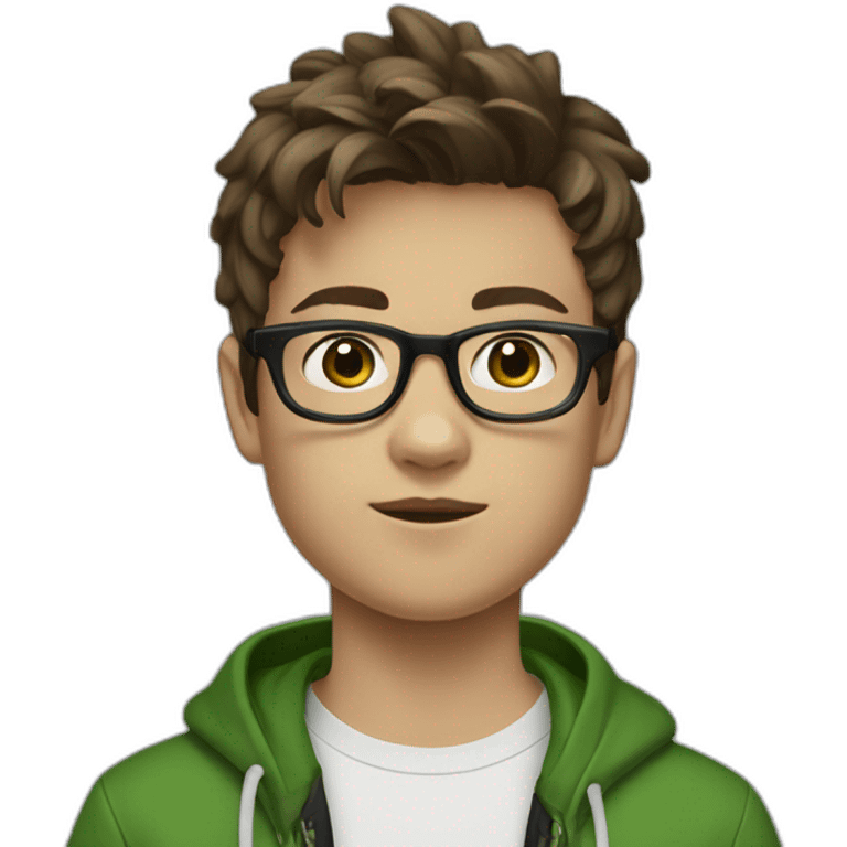 A 13 year old boy with brown hair and black square glasses standing and wearing baggy jeans and white sneakers and a green sweatshirt emoji