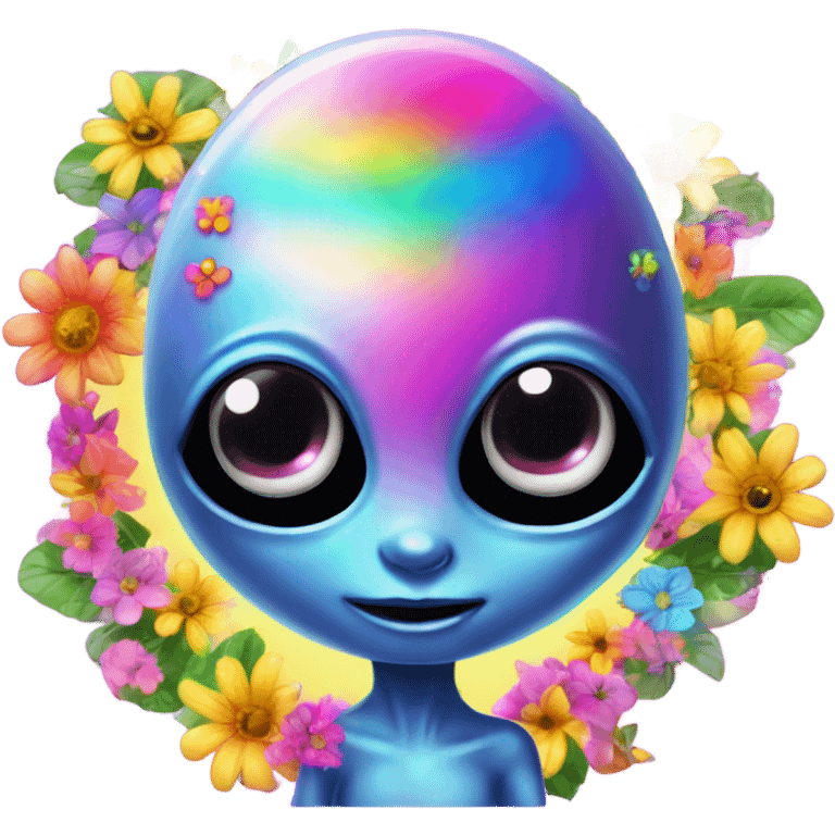 Lisa frank rainbow alien with big oval head and big black eyes with flowers emoji