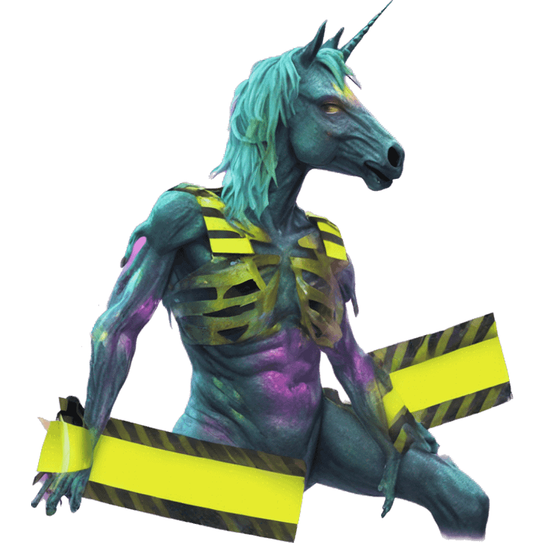 .Zombie_ Vaporwave black holographic oilslick zombie unicorn yellow caution tape emoji