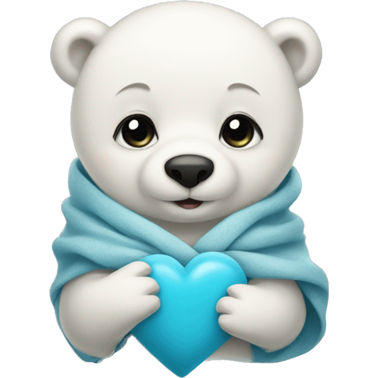 Baby polar bear in a blanket holding a heart emoji