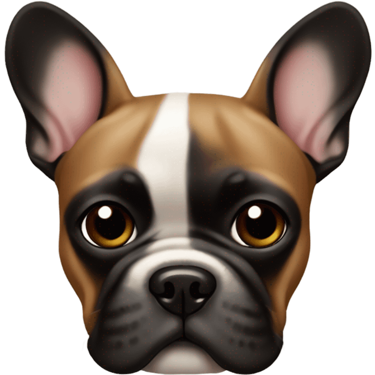 A French bulldog with a black face and brown body with kibble emoji