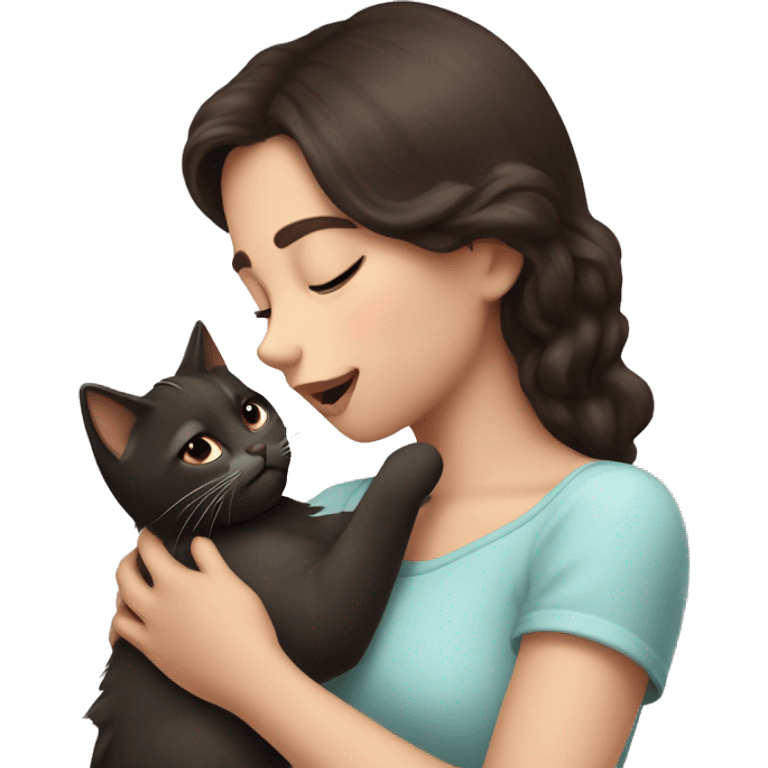 A pale girl with dark brown hair and dark brown eyes kisses a cat in her hands emoji