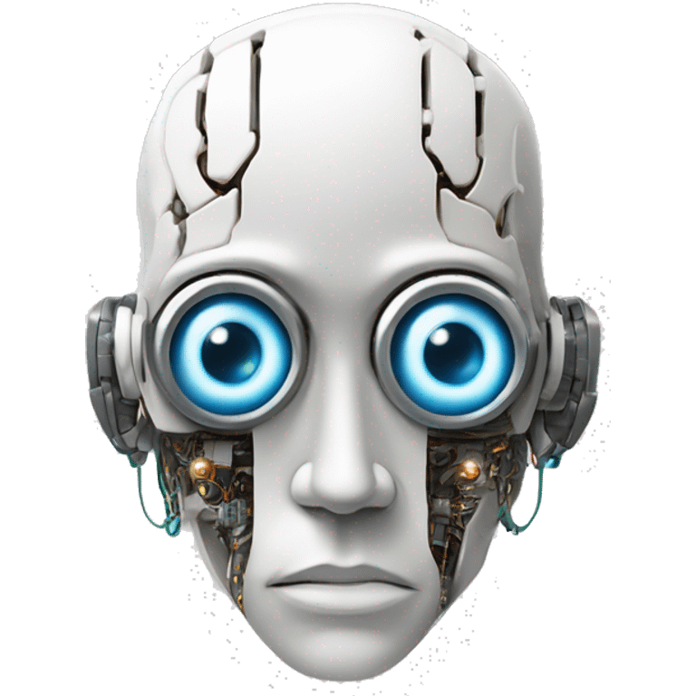 Flat white plating on cyborg head with  one artificial eyeball, circuitry, goateer emoji