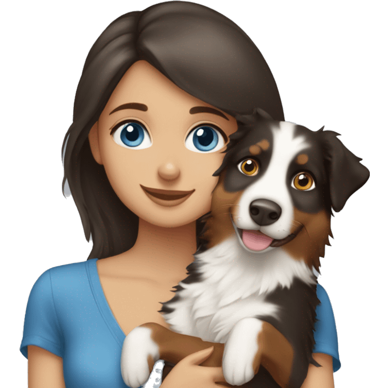 Brunette blue blue-eyed girl hugging Tricolored Australian Shepherd emoji