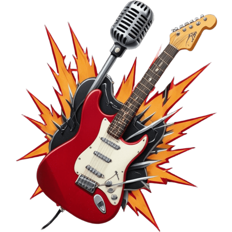 Create a fierce and edgy emoji representing hardcore rock vocal performance in a humanless collage. The design should feature a vintage microphone at the center, Add crossed drumsticks behind the microphone to symbolize the rhythm and power of the drums. surrounded by a menacing, distorted electric guitar with sharp, aggressive angles. Include subtle elements like lightning bolts, flames, or jagged sound waves to evoke the raw energy and intensity of hardcore rock. Use dark, intense colors like black, red, and silver, with a metallic, gritty finish to convey the rebellious, aggressive spirit of the genre. The background should be transparent. emoji