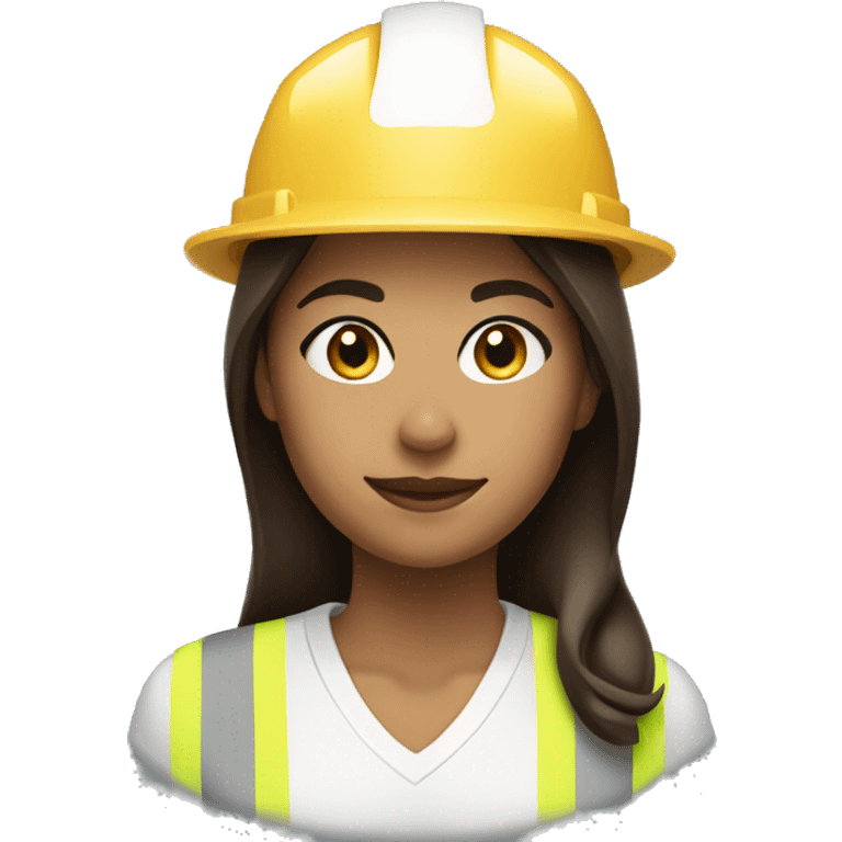 Light tan girl with white construction hat wearing construction uniform headshot with dark brown hair emoji