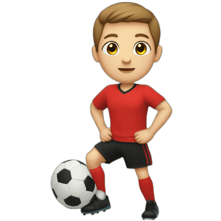 WHITE CHILD, BROWN HAIR, BLACK EYE, STRAIGHT WITH RED SHIRT AND BLACK SHORTS PLAYING SOCCER emoji