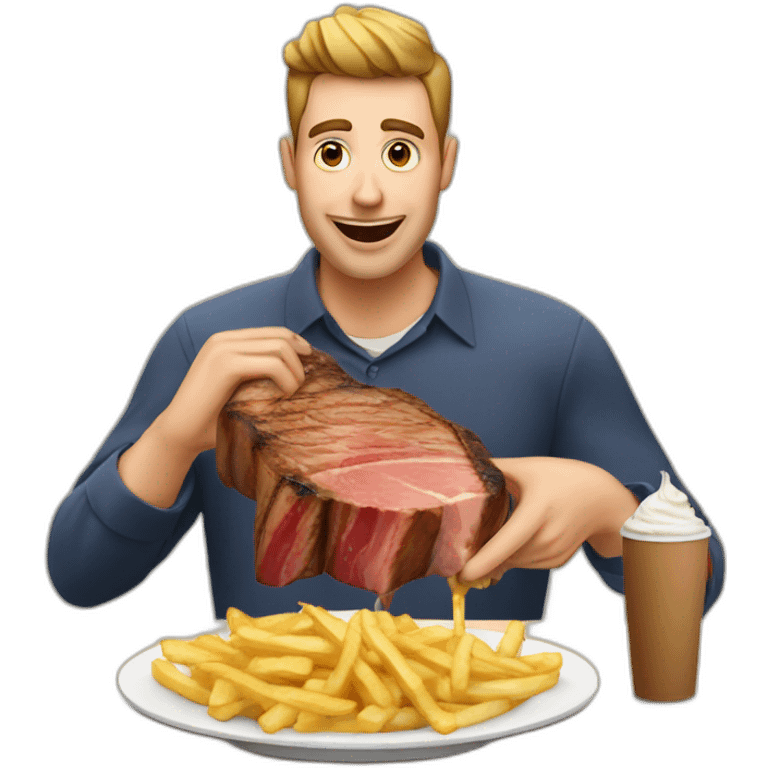 a guy eating a large steak with fries and mayonnaise emoji