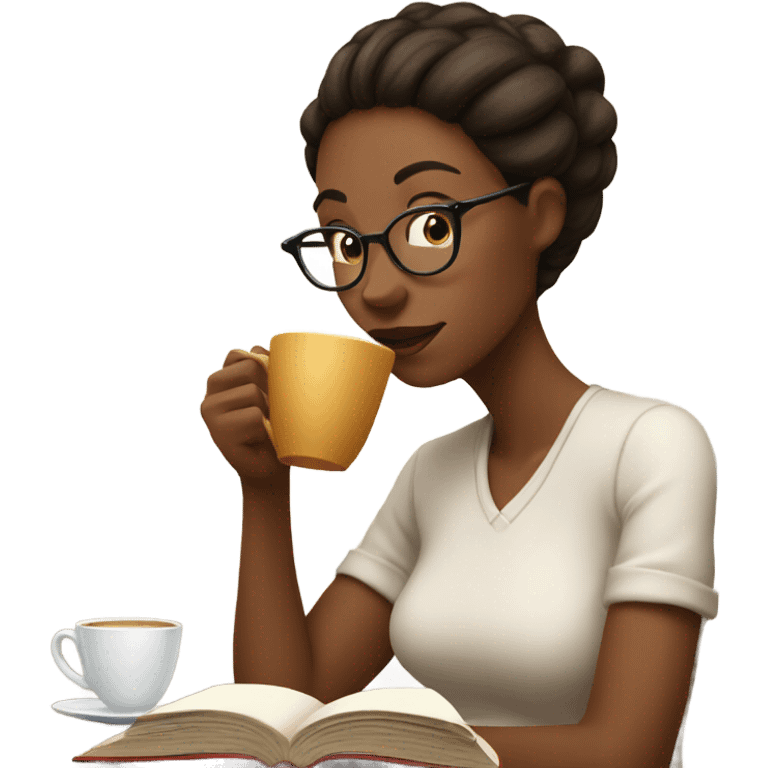 Woman drinking latte and reading  emoji