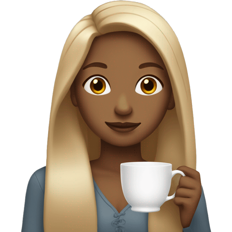 Light brown girl with straight long blonde hair holding tea cup emoji