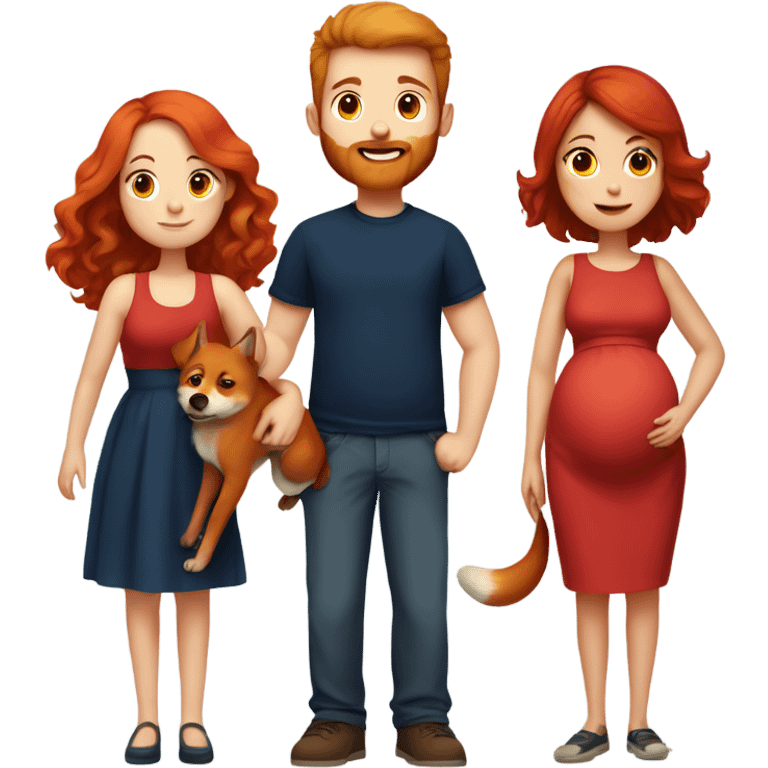 Girl with red hair wearing red dress, holding tummy pregnant, with a boy who is tall, navy shirt with short beard, holding a fox looking dog emoji