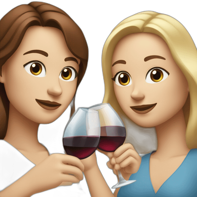 White woman with brown hair and brown eyes toasting with a red wine together with white woman with blond hair and blue eyes with red wine emoji